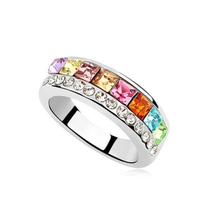 Inele Femei | Inel Placat Cu Aur Alb Elemente Swarovski Colorful Crystal Rows Bijuterii Femei Femei