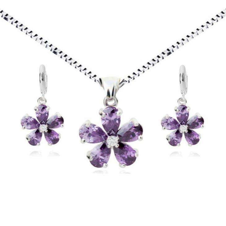 Seturi Femei | Set Argint Femei Elemente Swarovski Flowers Mov Bijuterii Femei Femei