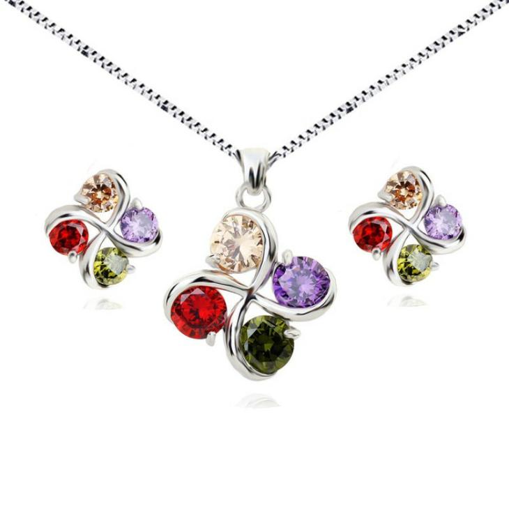 Seturi Femei | Set Argint Lant, Pandantiv Si Cercei Cu Elemente Swarovski 4 Drops Multicolor Bijuterii Femei Femei