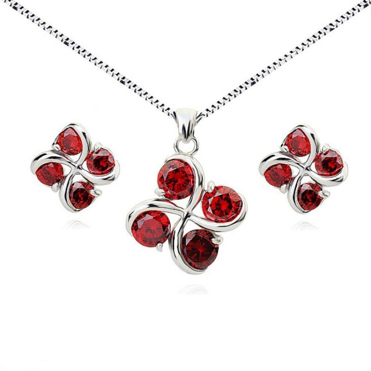 Seturi Femei | Set Argint Lant, Pandantiv Si Cercei Cu Elemente Swarovski 4 Drops Red Ruby Bijuterii Femei Femei