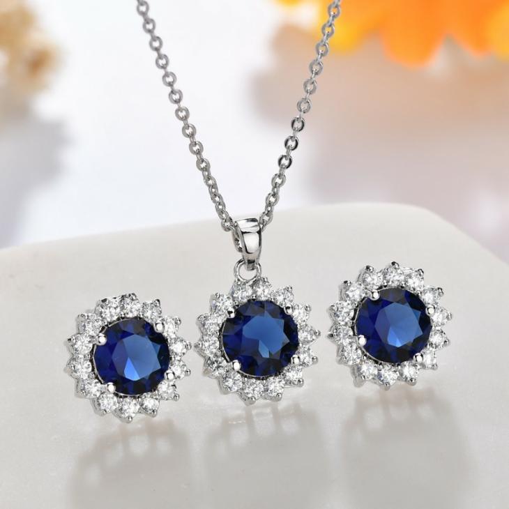 Seturi Femei | Set Argint Lant, Pandantiv Si Cercei Cu Elemente Swarovski Drops Circle Blue Sapphire Bijuterii Femei Femei