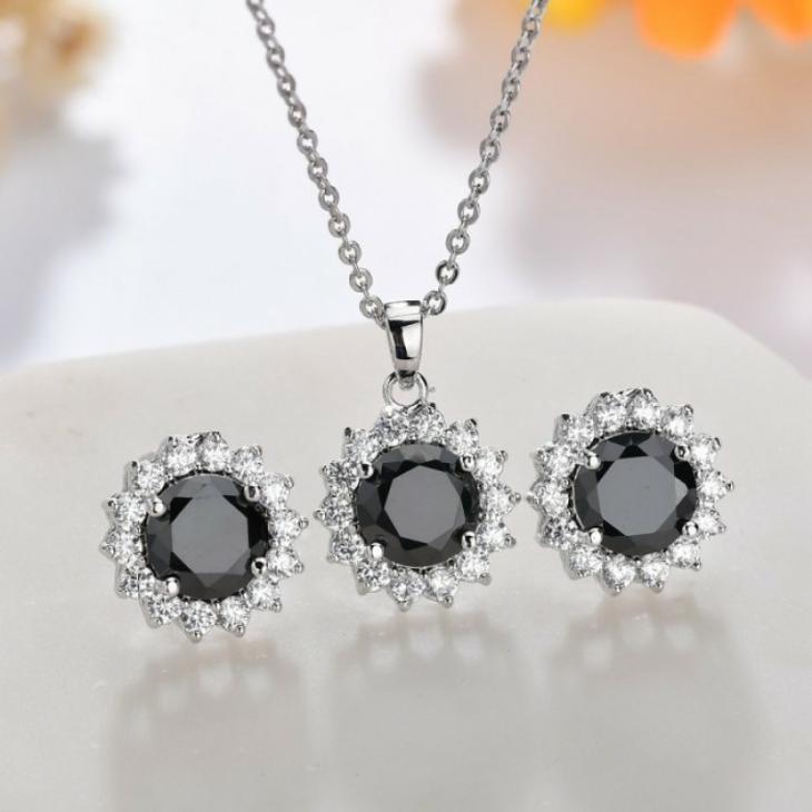 Seturi Femei | Set Argint Lant, Pandantiv Si Cercei Cu Elemente Swarovski Drops Circle Onyx Black Bijuterii Femei Femei